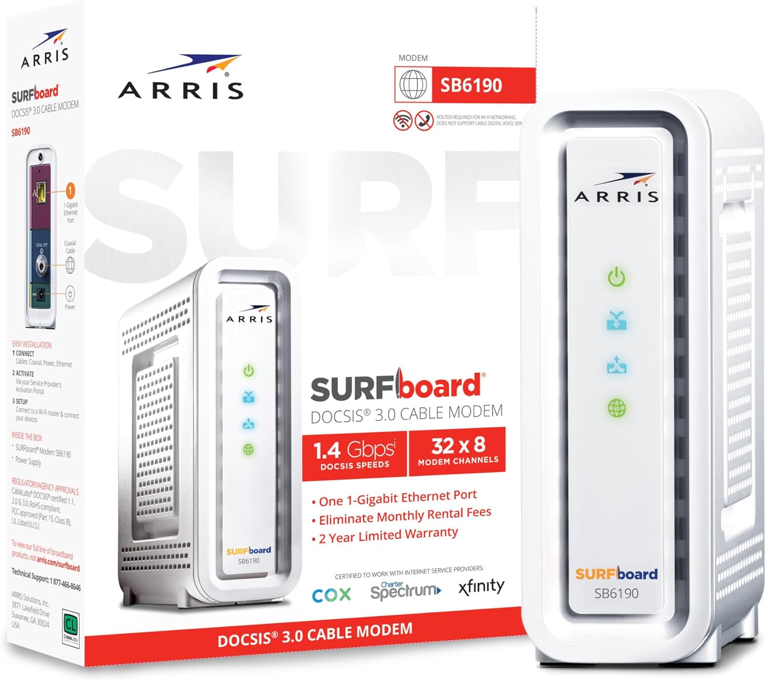 ARRIS Cable Modem DOCSIS 3.0 32x8 Gigabit 1 Gbps Port 800 Mbps Max Speed - Certified Refurbished
