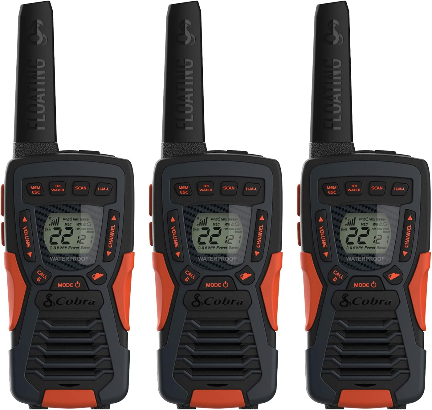 Cobra Two-Way Radios (3-Pack) IP67 Certified Waterproof Walkie Talkies, Up To 40 Mile Range and NOAA Weather Channels