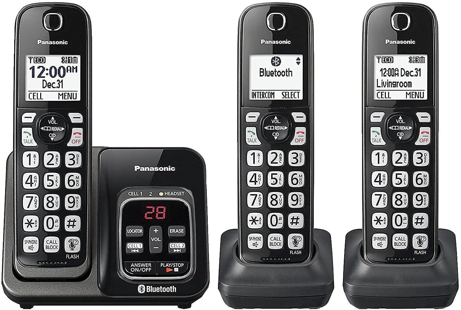 Panasonic Expandable Cordless Phone, Link2Cell Bluetooth, Voice Assistant, Call Blocking, 3-Handset, Metallic Black - Certified Refurbished