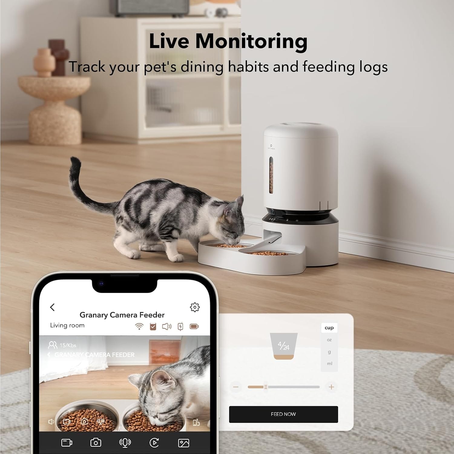 Petlibro Automatic Feeder with Camera, 1080P HD Video with Night Vision, 2-Way Audio, Dual Tray, White - Certified Refurbished