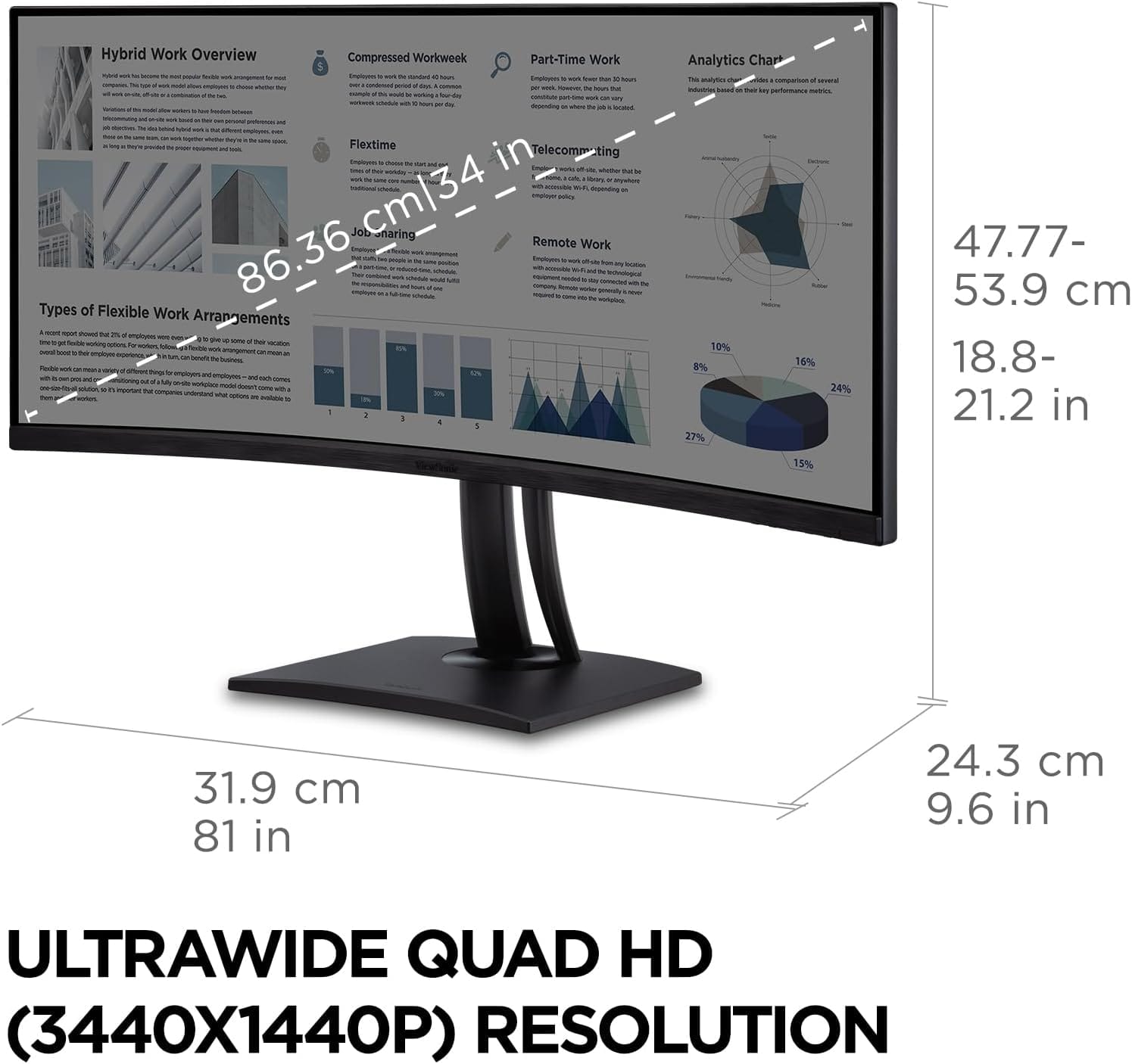 ViewSonic 34" Ultrawide QHD 1440p Curved Monitor with 100W USB C, 75 Hz, Black - Certified Refurbished