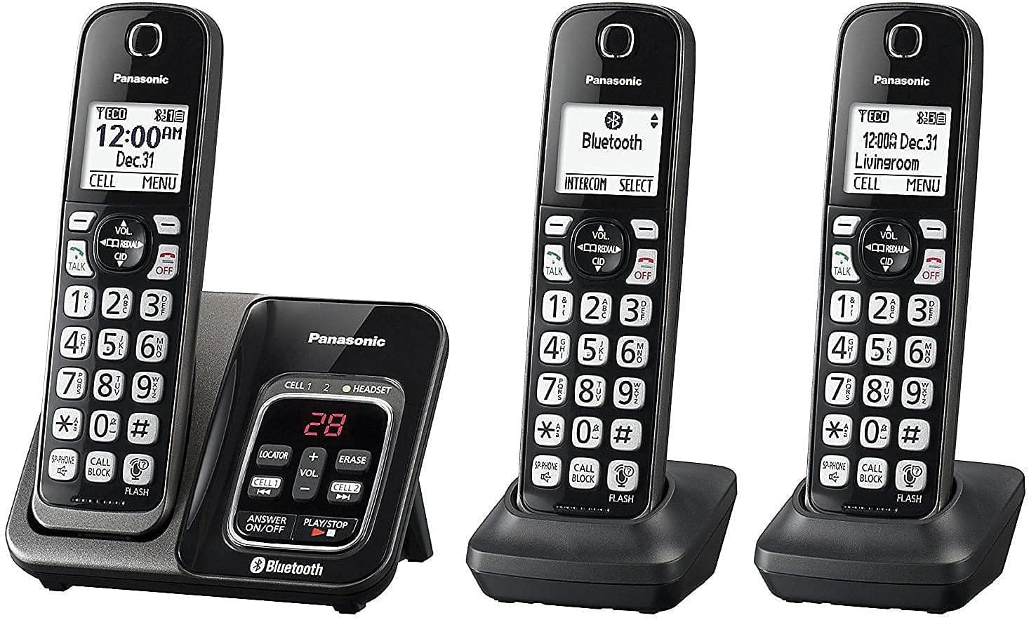 Panasonic Expandable Cordless Phone, Link2Cell Bluetooth, Voice Assistant, Call Blocking, 3-Handset, Metallic Black - Certified Refurbished