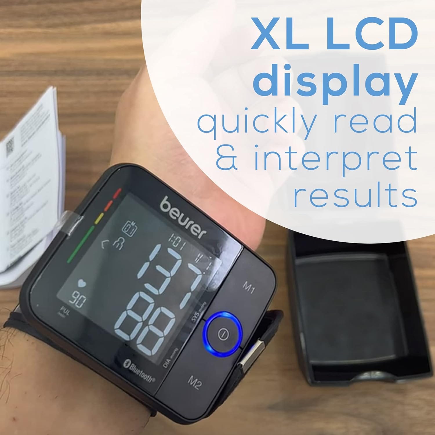 Beurer Wrist Blood Pressure Monitor with Bluetooth, Irregular Heartbeat Detection, Risk Indicator, Large Display, and Travel Case - Refurbished