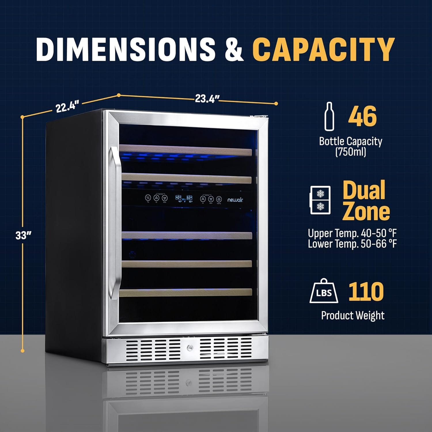 Newair 24" Dual Zone Wine Fridge with Beech Wood Shelves, 46 Bottles, Stainless Steel - Certified Refurbished