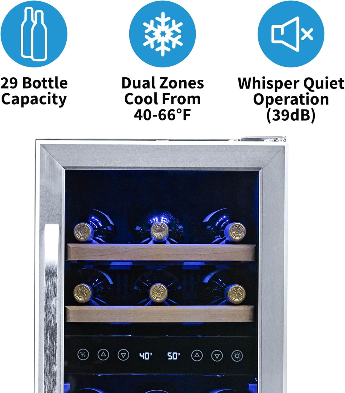 Newair 15" Dual Zone Wine Fridge with Beech Wood Shelves, 29 Bottles, Stainless Steel - Certified Refurbished