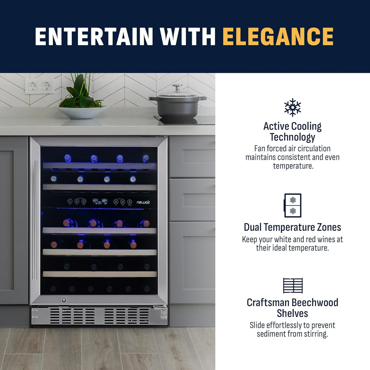 Newair Dual Zone Fridge with Beech Wood Shelves, 46 Bottles, Stainless Steel - Certified Refurbished