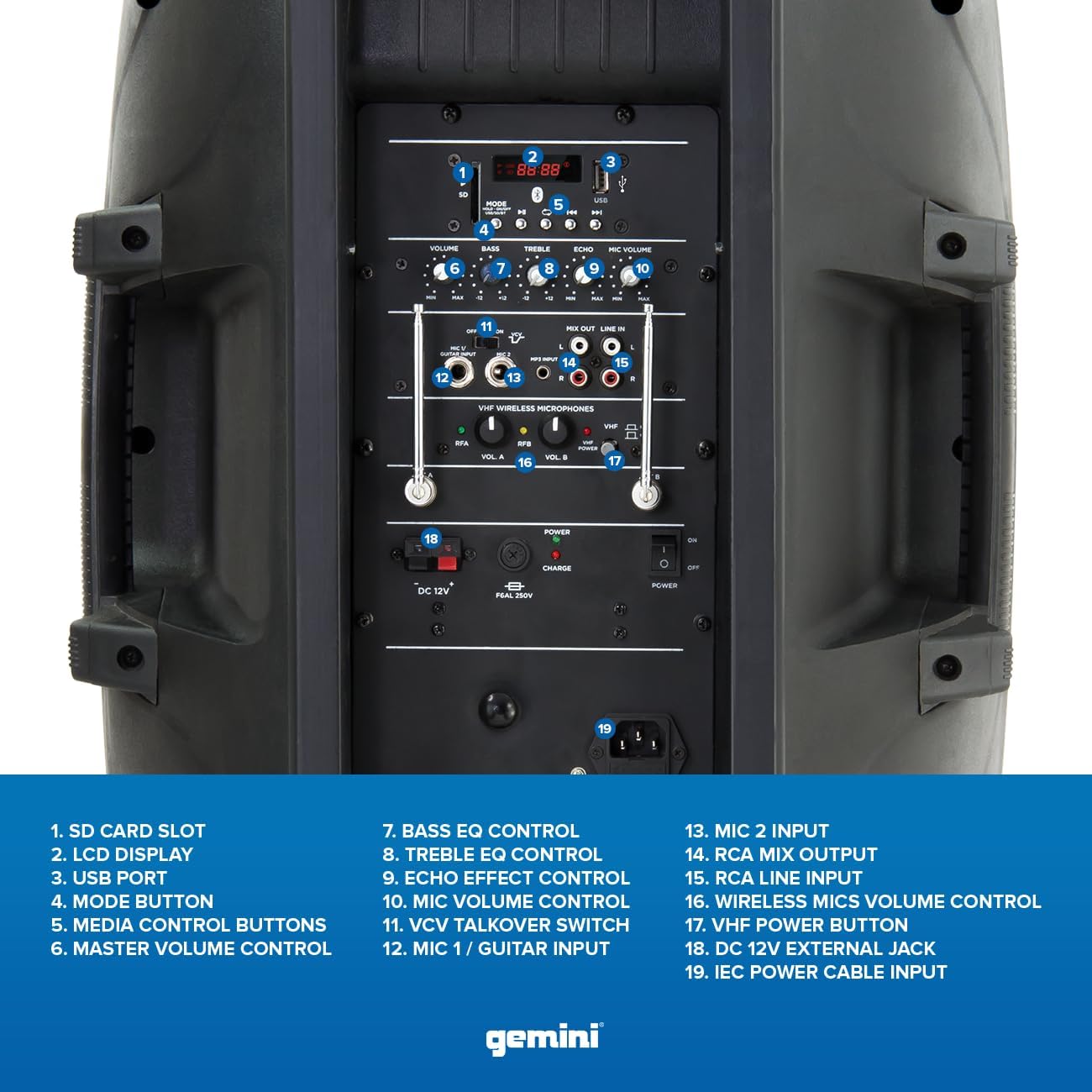 Gemini Indoor/Outdoor Battery Powered Loudspeaker System, Bluetooth, 800 Watts, Black