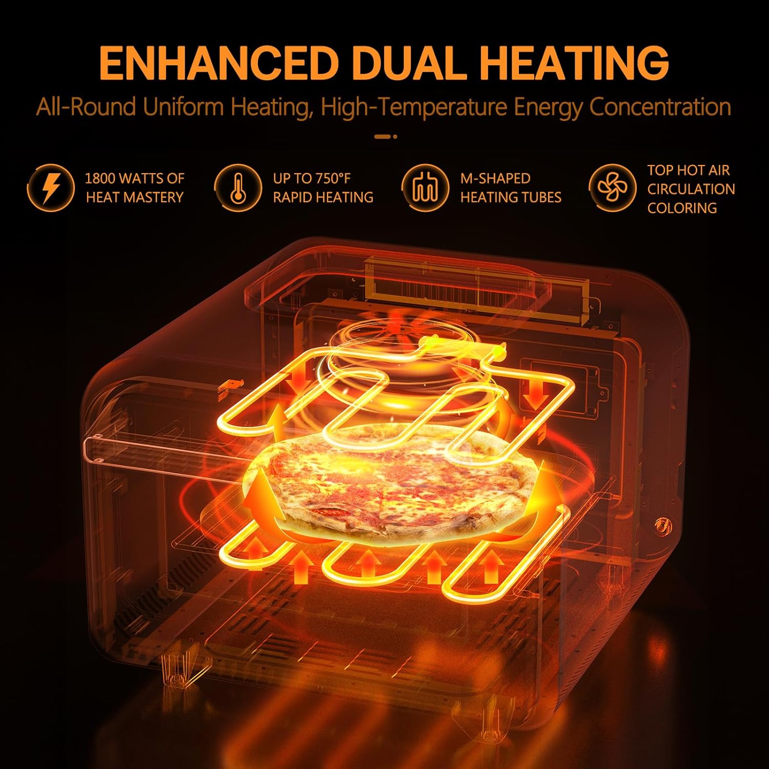 G.A. HomeFavor 6-in-1 Multi-Function Enhanced Dual-Heating Pizza Oven, with Air Fry, Bake, Roast, Toast, Broil & Grill, Graphite