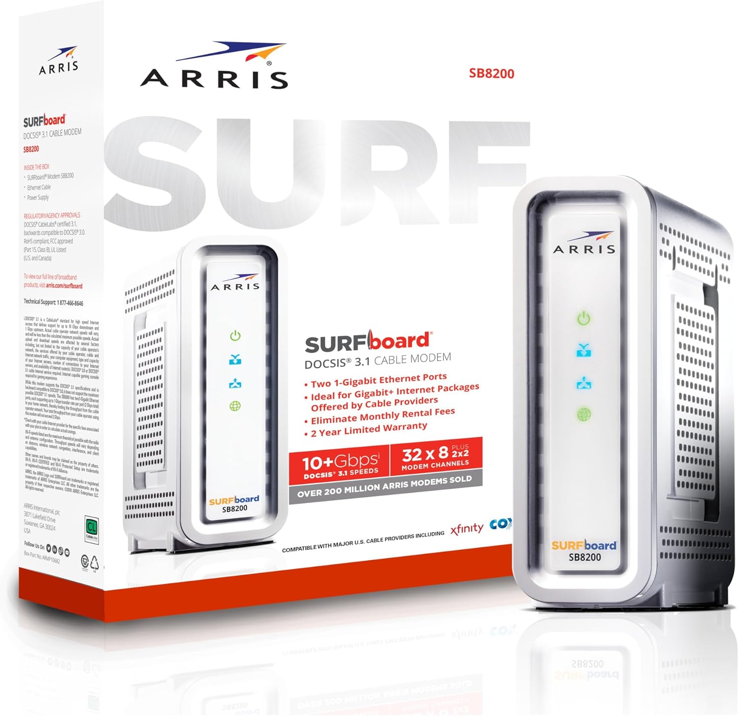 Arris SB8200 SURFboard Cable Modem Fast DOCSIS 3.1 32x8 Gigabit Max Internet Speed 1 Gbps - Certified Refurbished