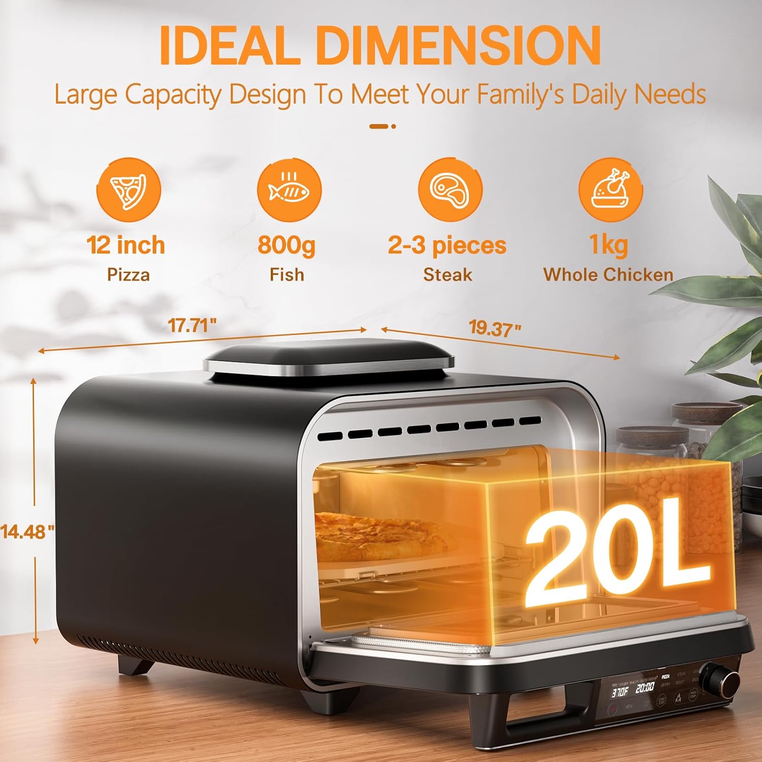 G.A. HomeFavor 6-in-1 Multi-Function Enhanced Dual-Heating Pizza Oven, with Air Fry, Bake, Roast, Toast, Broil & Grill, Graphite