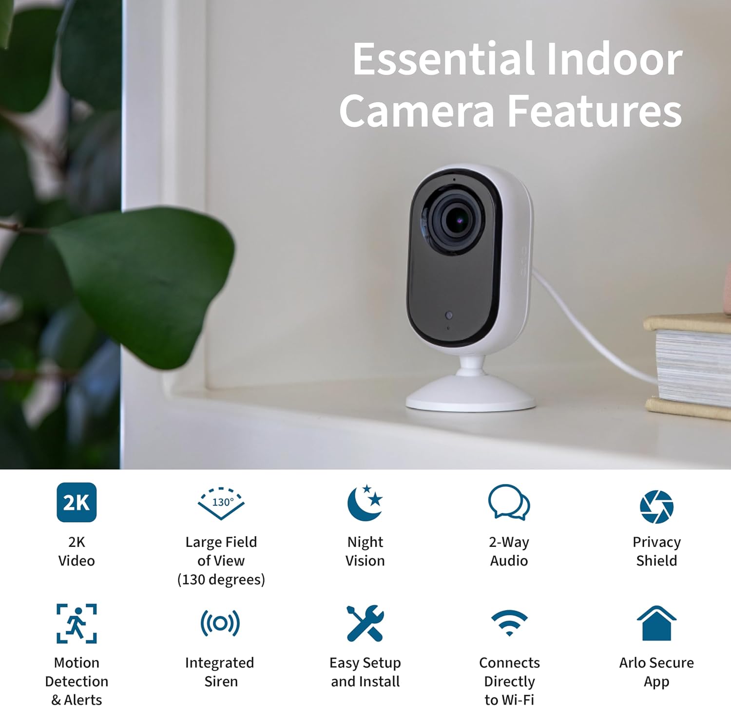 Arlo Essential 2nd Gen 2K Indoor Single Cam, White - Certified Refurbished