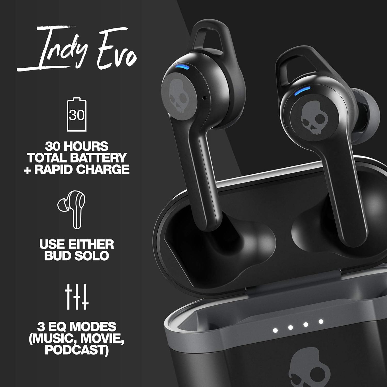 Skullcandy Indy Evo In-Ear Wireless Earbuds, 30 Hr Battery, Microphone, Works with iPhone Android and Bluetooth Devices, Black