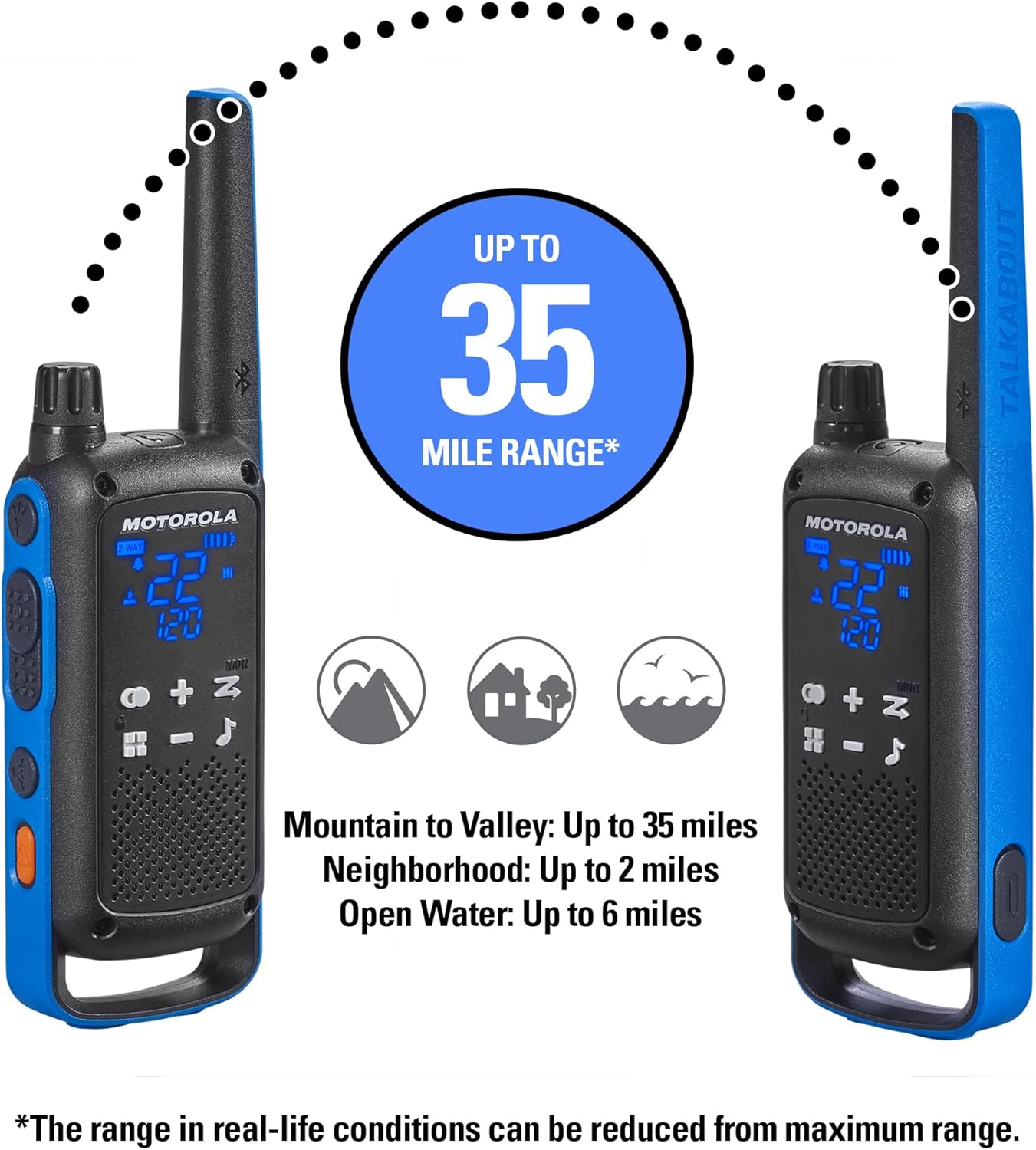 Motorola Solutions Rechargeable 35-Mile Two-Way Radio, Black/Blue