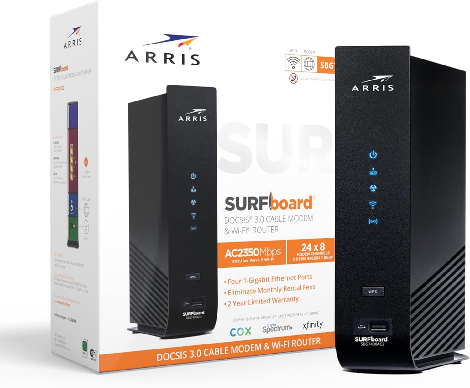 Arris SBG7400AC2 SURFboard DOCSIS 3.0 Cable Modem & AC2350 Wi-Fi Router 800 Mbps Max Speed - Certified Refurbished