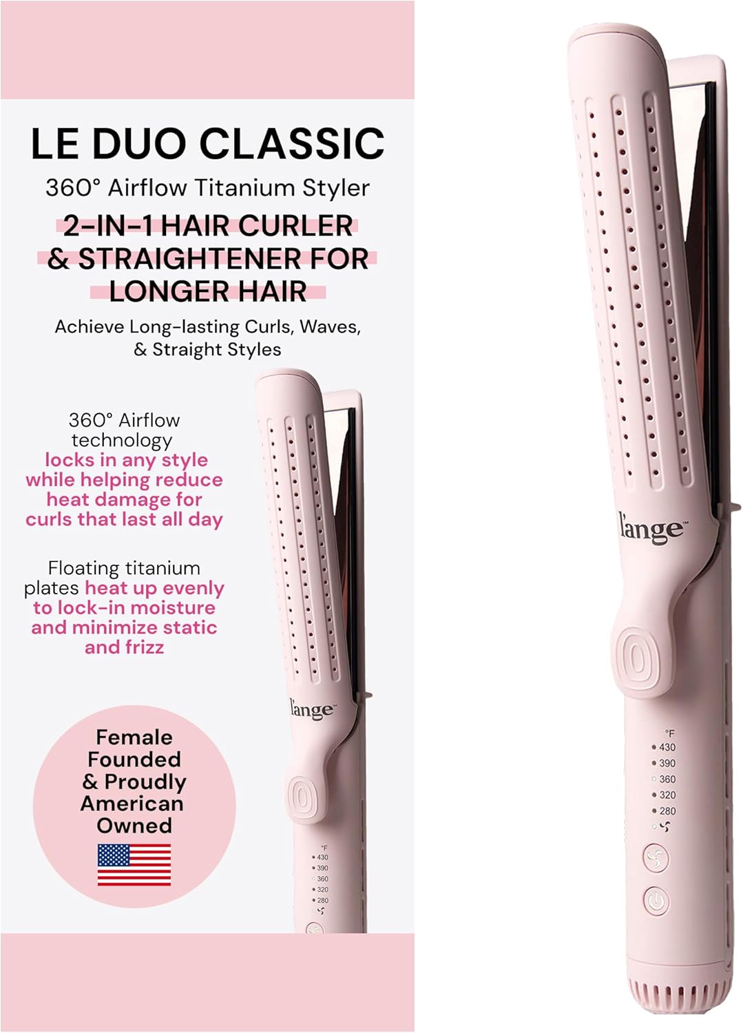 L'ange Hair Le Duo Grande 360° Airflow Styler, 2-in-1 Curling Wand & Flat Iron, Cooling Vents, Adjustable Temp, Blush