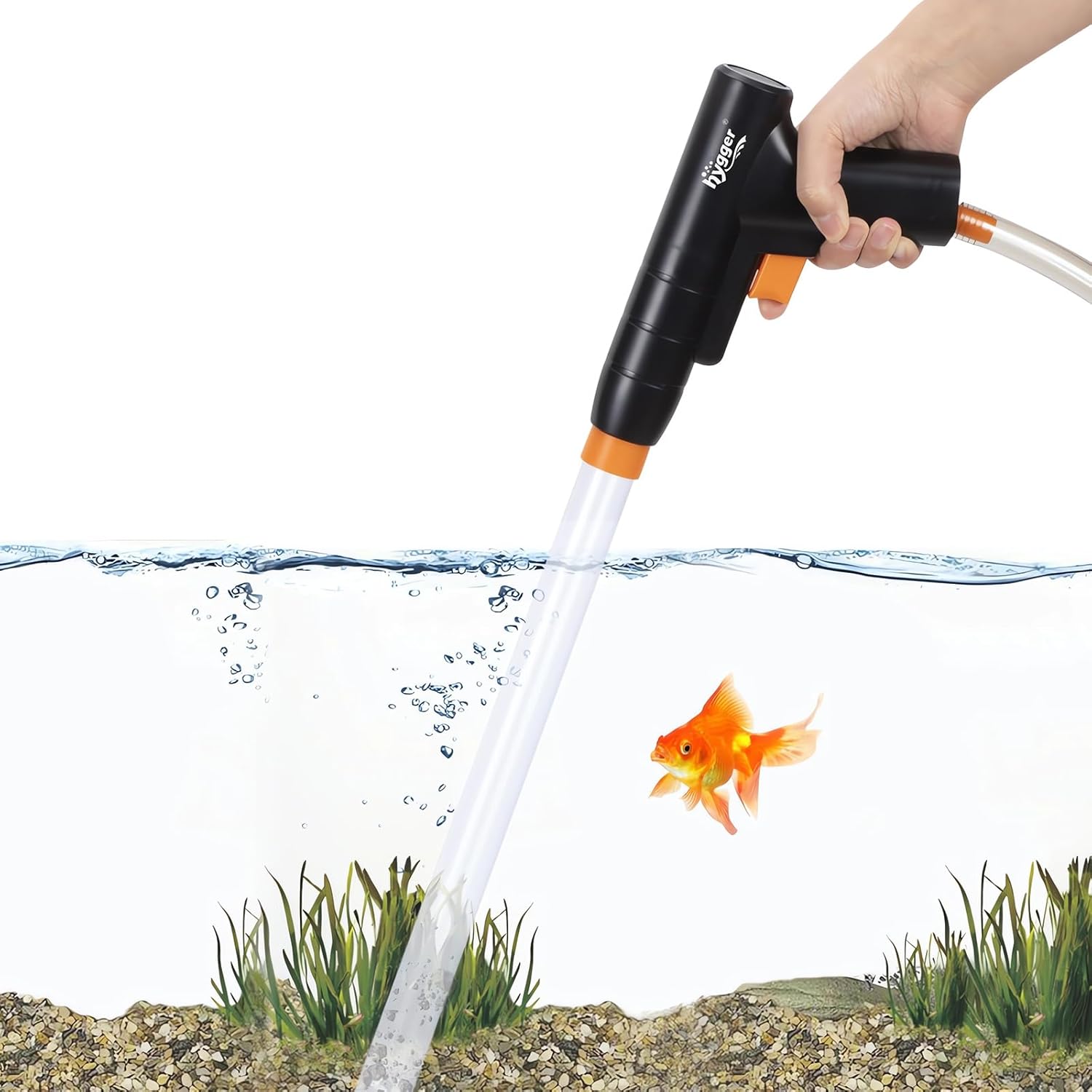 Hygger Aquarium Gravel & Sand Cleaner, Quick Water Changer with Air-Pressing Button for Easy Fish Tank Maintenance, Black & Orange