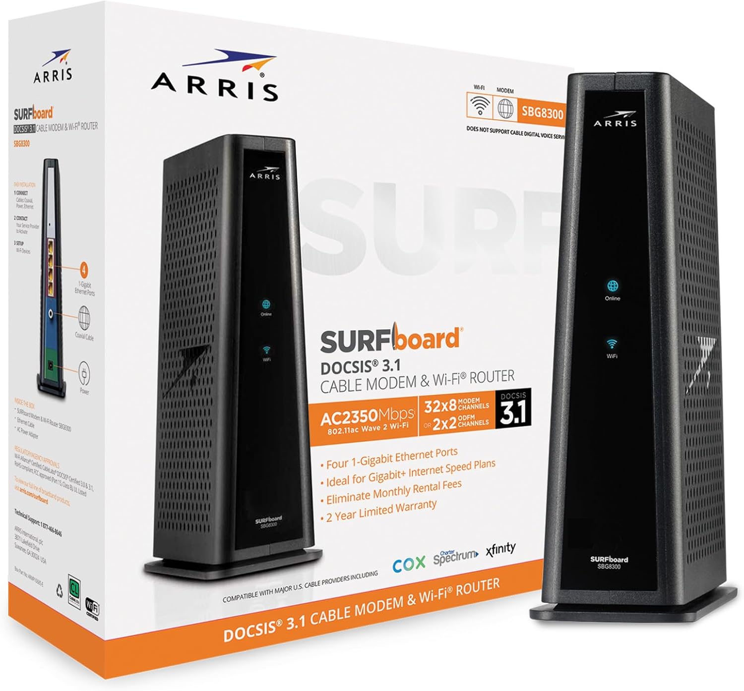 Arris SBG8300 SURFboard Cable Modem Router Combo 1 GBPS Speed DOCSIS 3.1 & AC2350 WiFi - Certified Refurbished