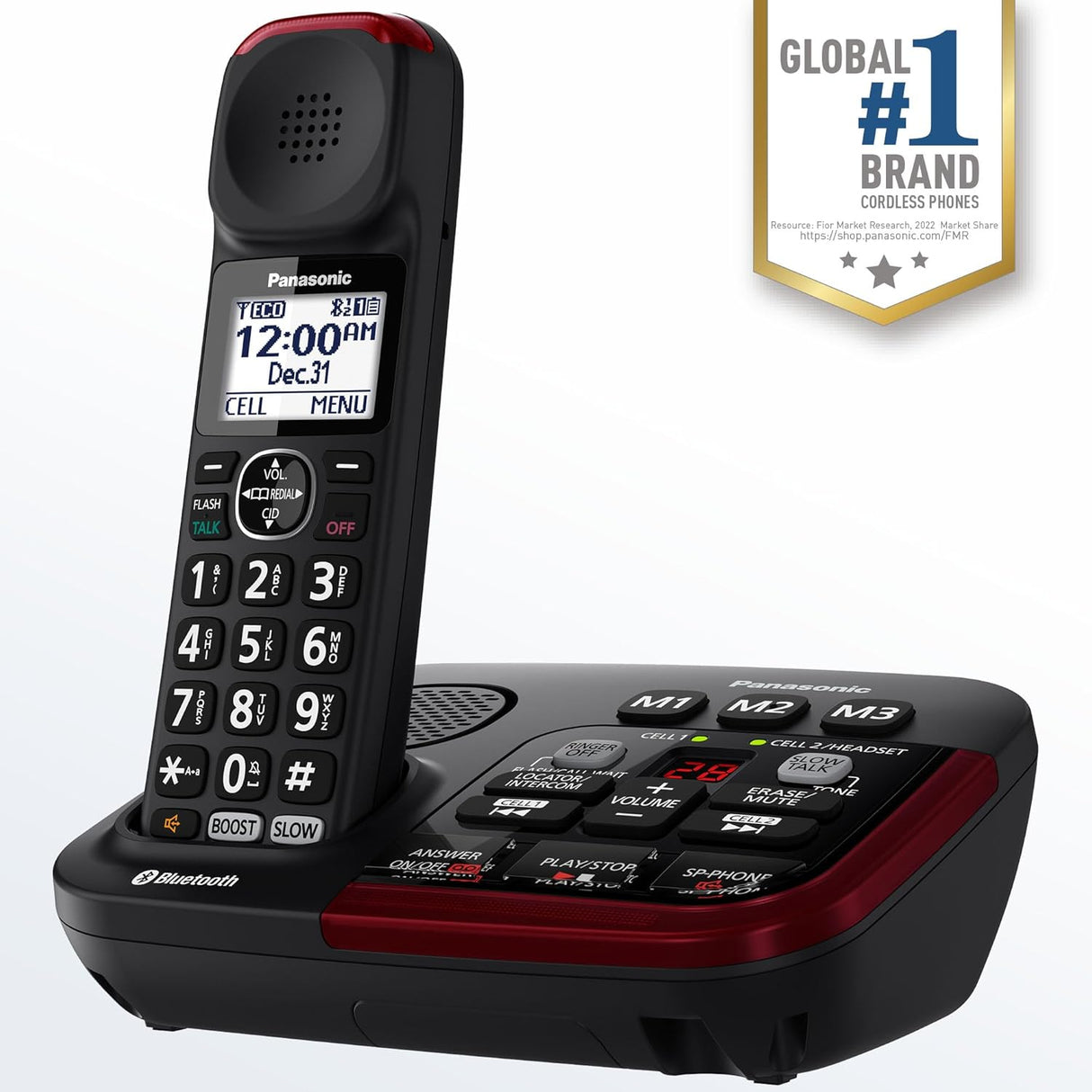 Panasonic Amplified Cordless Phone, 40dB Boost, 100dB Ringer, Hearing Aid Compatible, Link2Cell, 1 Handset, Black - Certified Refurbished