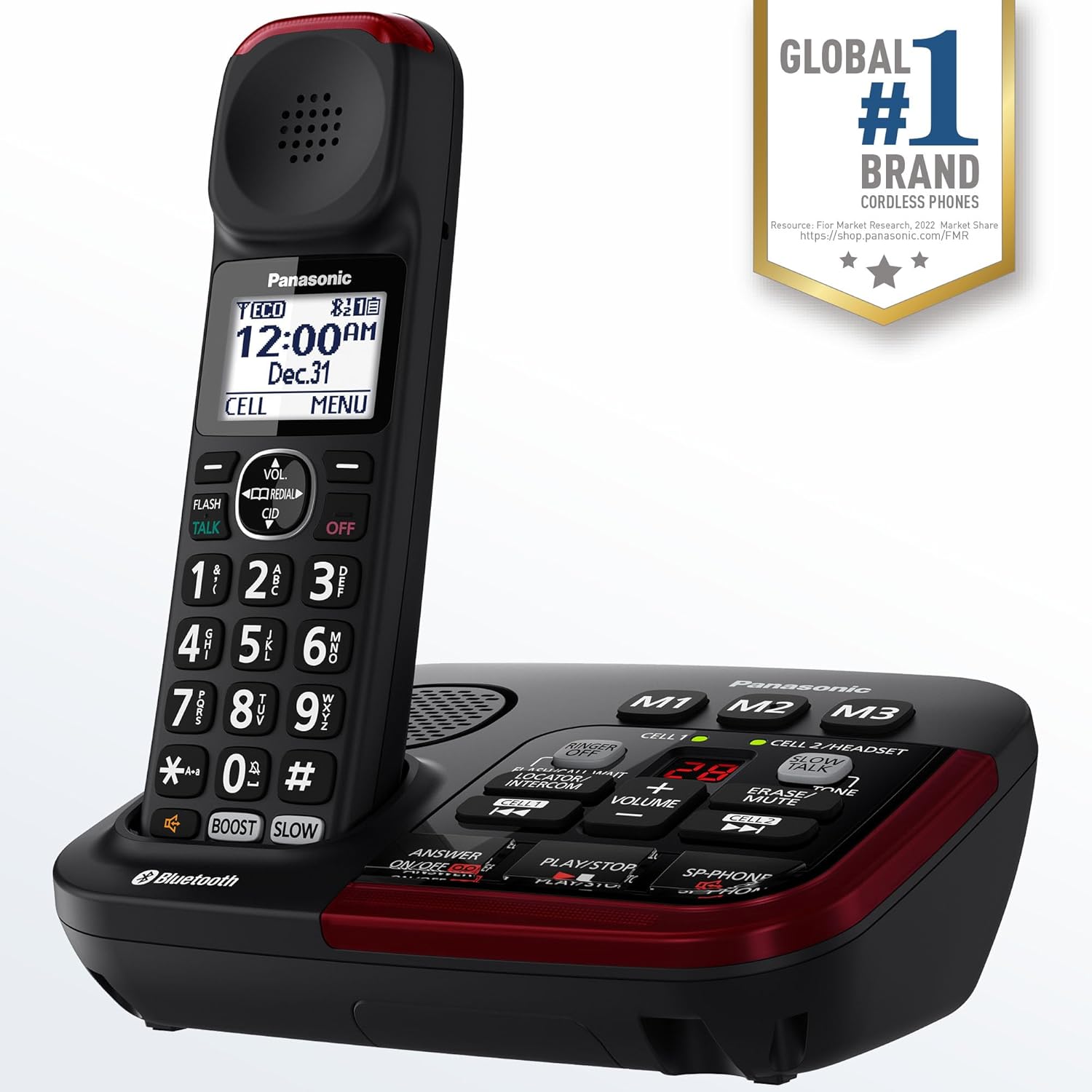Panasonic Amplified Cordless Phone, 40dB Boost, 100dB Ringer, Hearing Aid Compatible, Link2Cell, 1 Handset, Black - Certified Refurbished