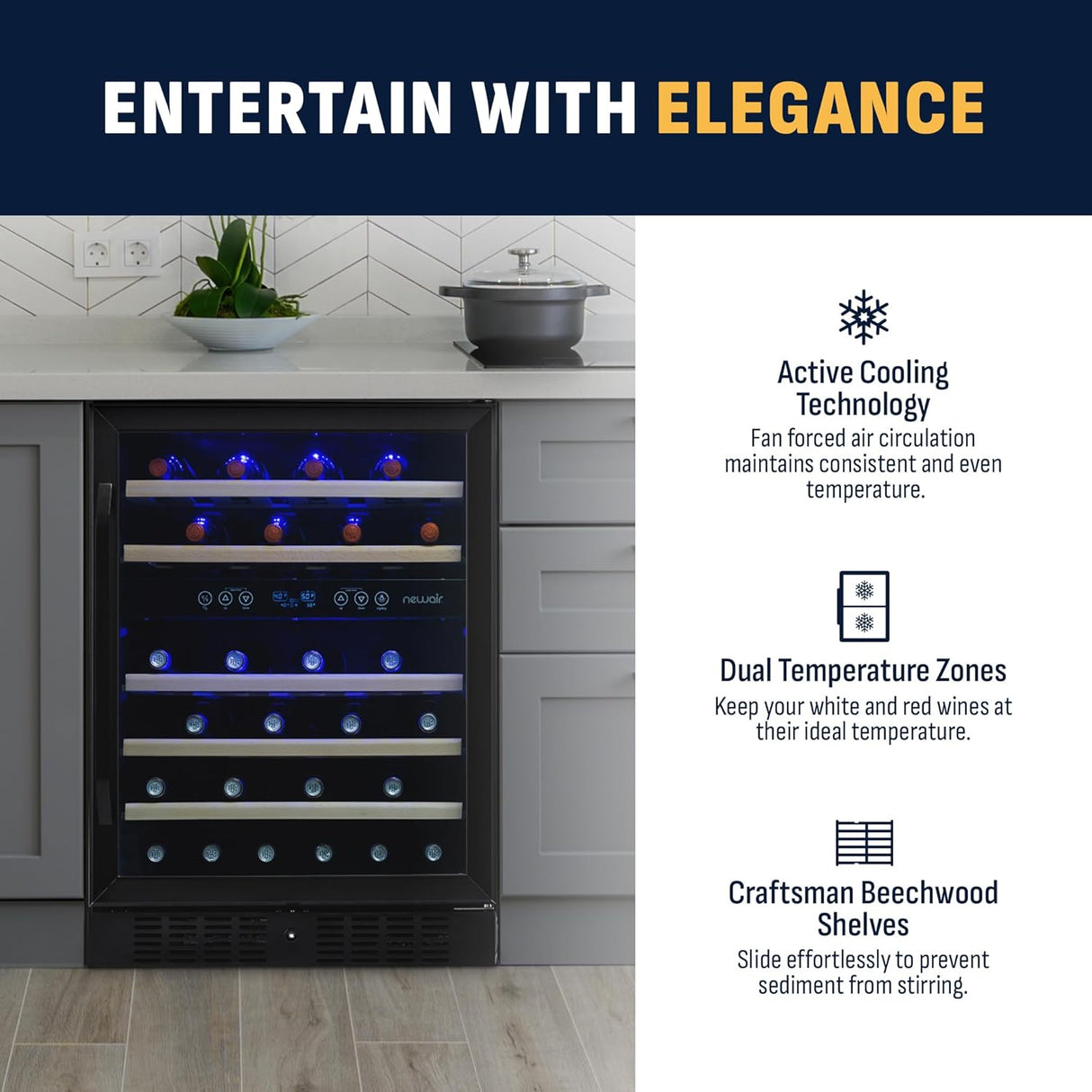 Newair 24" Built-in Dual Zone Wine Fridge, 46 Bottles, Black - Certified Refurbished