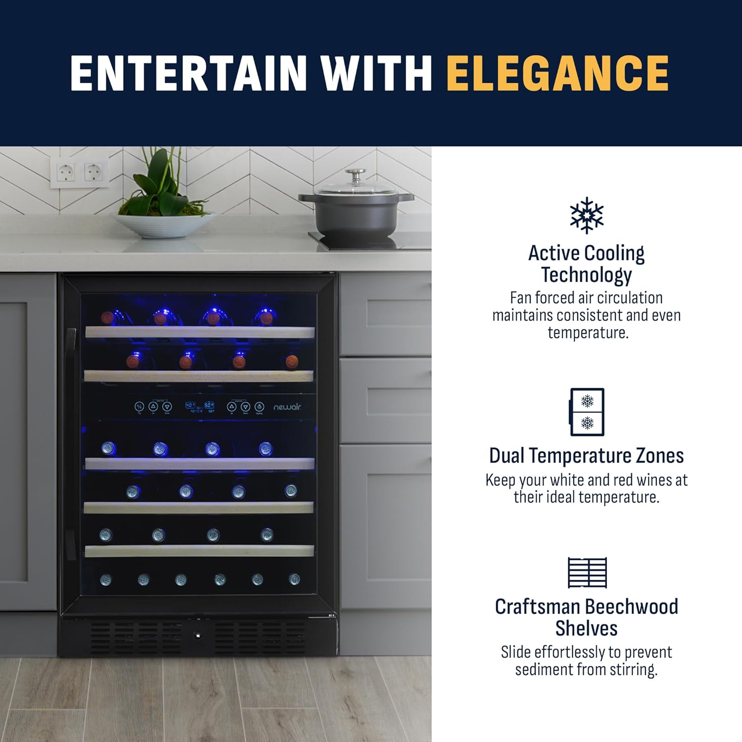 Newair 24" Built-in Dual Zone Wine Fridge, 46 Bottles, Black - Certified Refurbished
