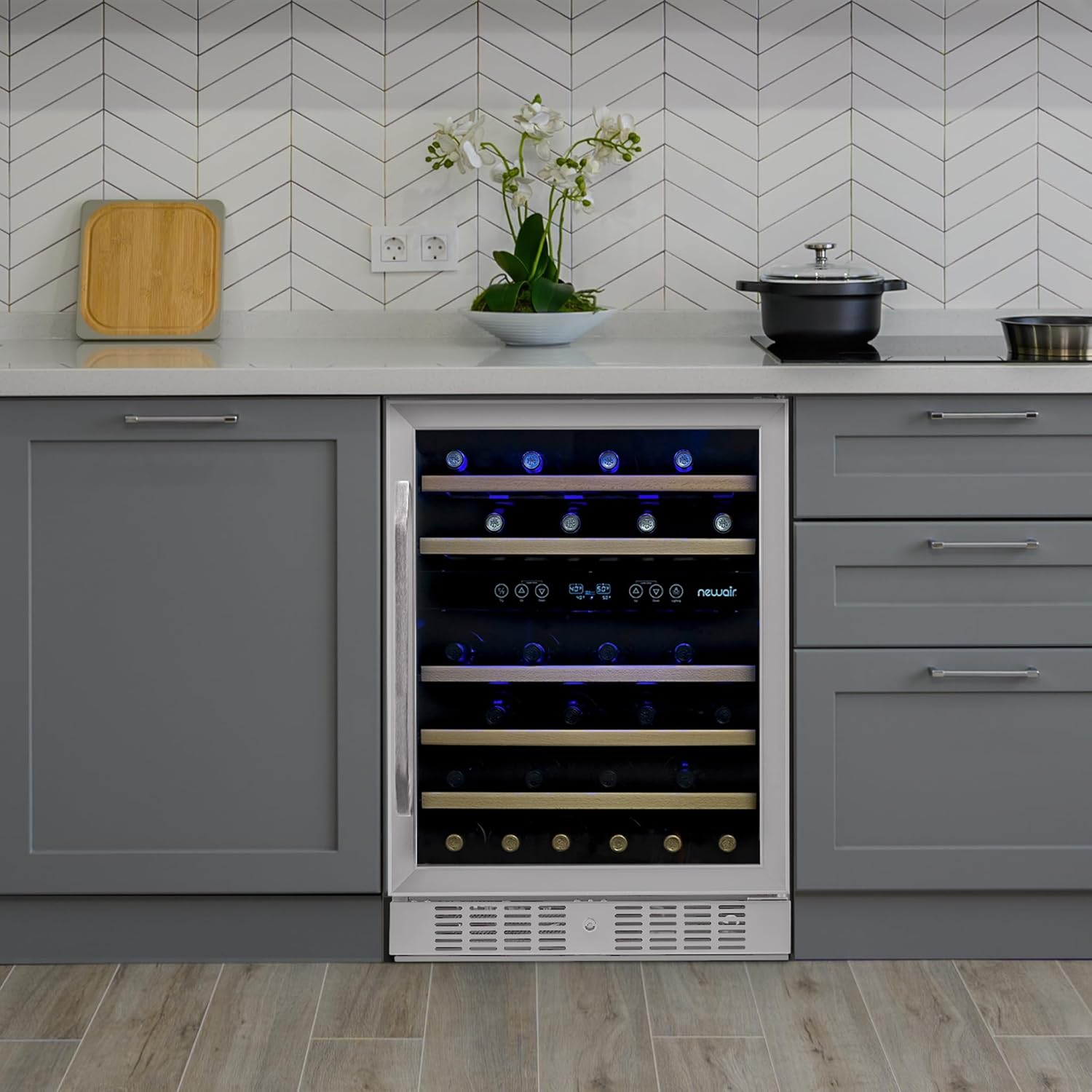 Newair 24" Dual Zone Wine Fridge with Beech Wood Shelves, 46 Bottles, Stainless Steel - Certified Refurbished