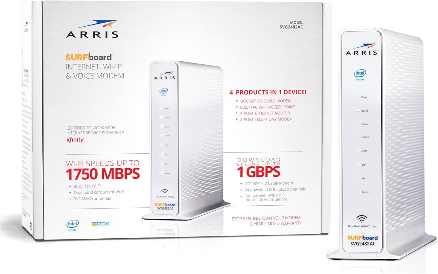 Arris SVG2482AC SURFboard Cable Modem DOCSIS 3.0 AC1750 Dual Band WiFi Router - Certified Refurbished