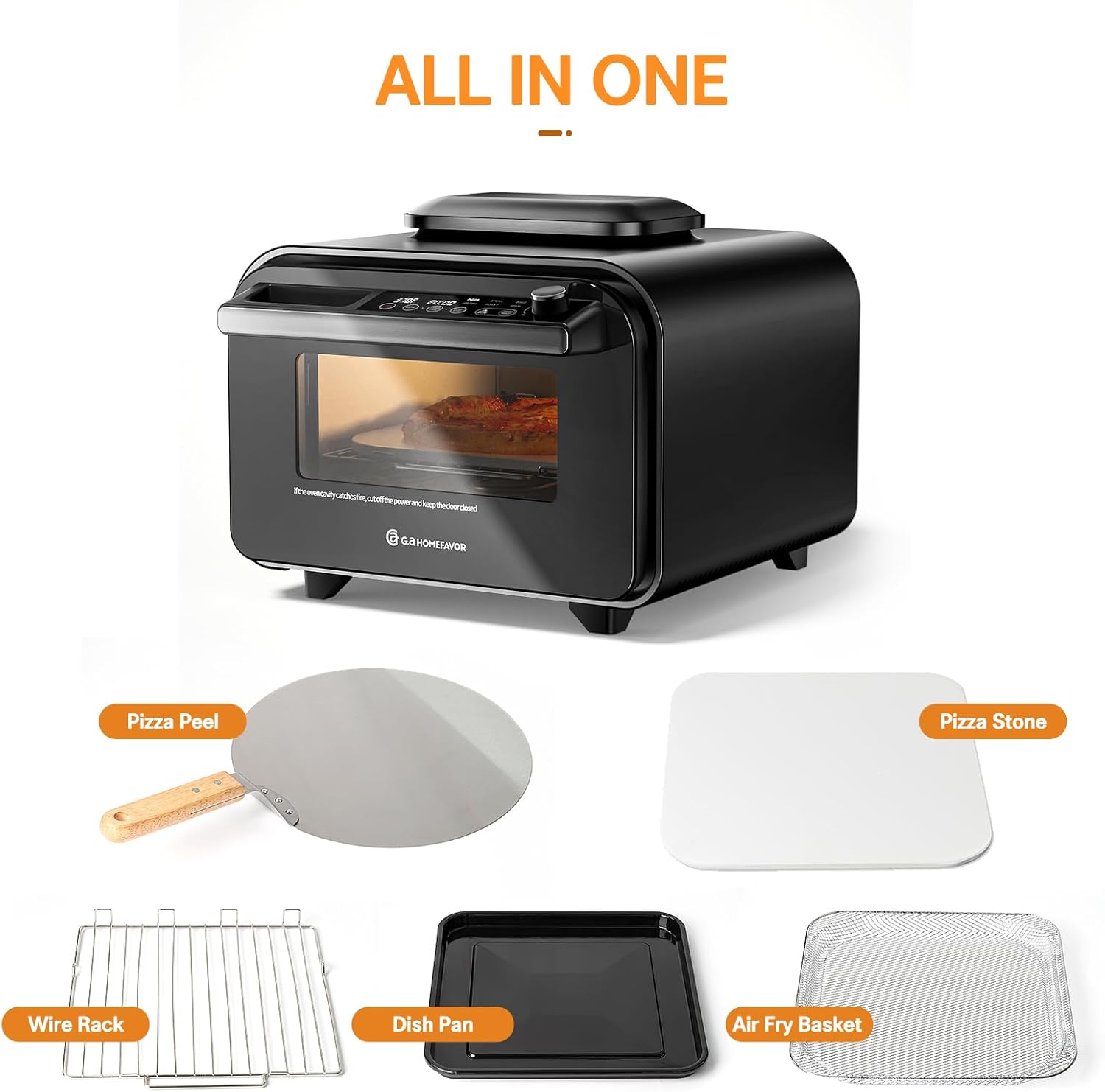 G.A. HomeFavor 6-in-1 Multi-Function Enhanced Dual-Heating Pizza Oven, with Air Fry, Bake, Roast, Toast, Broil & Grill, Graphite