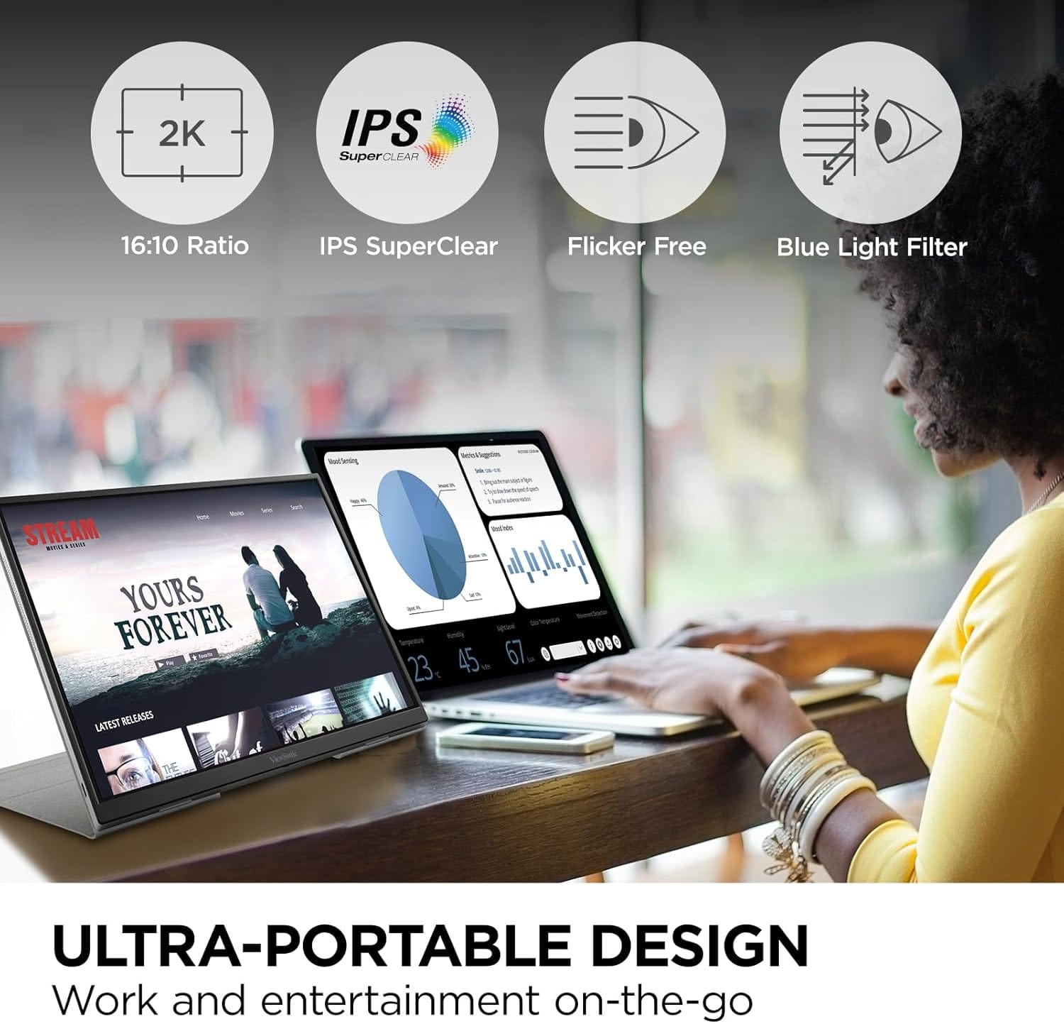 ViewSonic 16" WQXGA 1600p IPS Portable Monitor with 2 Way Powered 65W USB C, 60 Hz, Black - Certified Refurbished