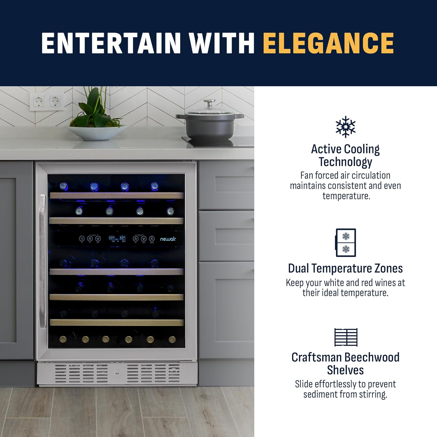 Newair 24" Dual Zone Wine Fridge with Beech Wood Shelves, 46 Bottles, Stainless Steel - Certified Refurbished