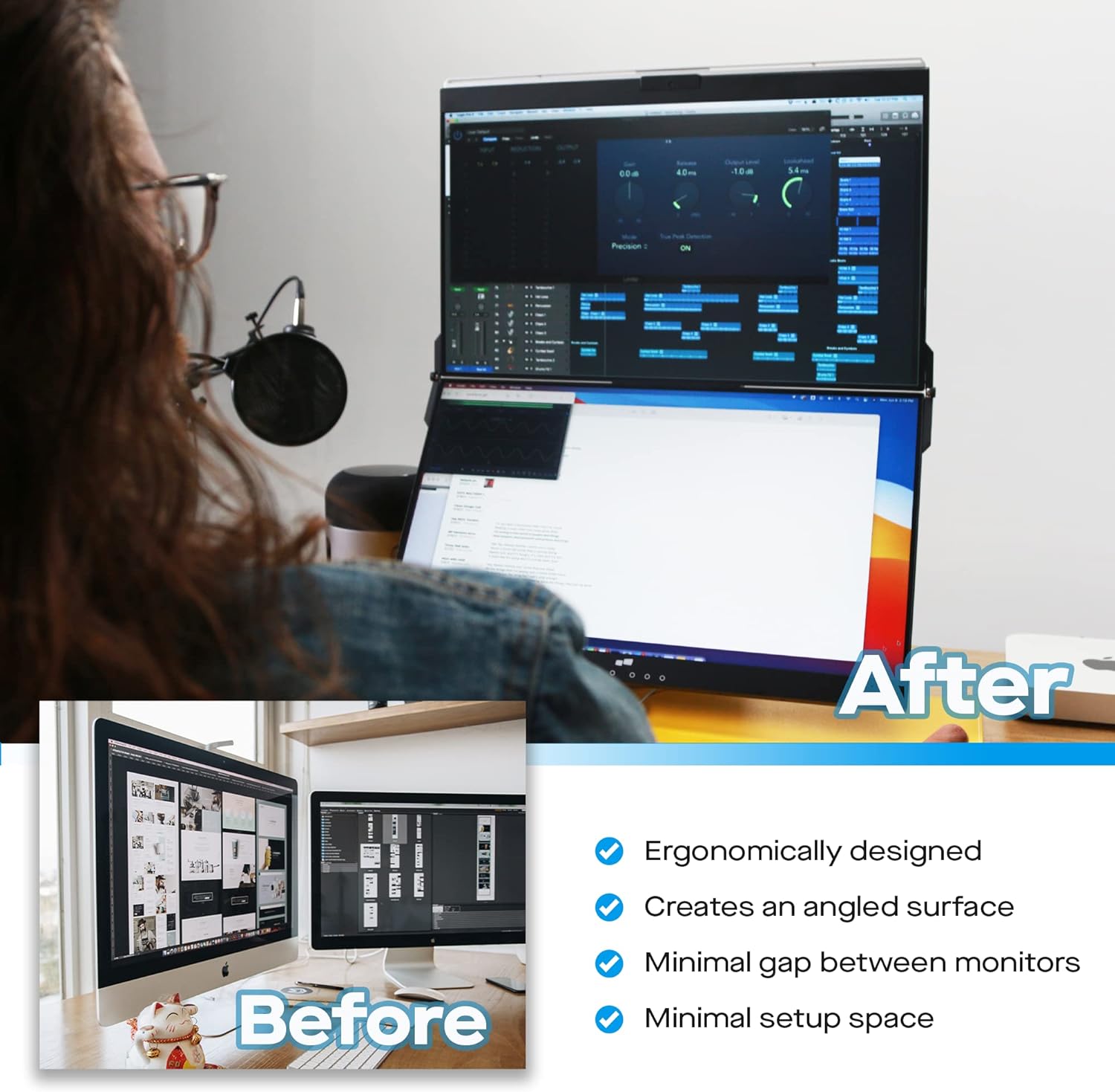 Mobile Pixels Geminos 24" IPS Dual-Screen Monitor, 65W USB-C Charging, 1080P Webcam, Ergo Design - Certified Refurbished