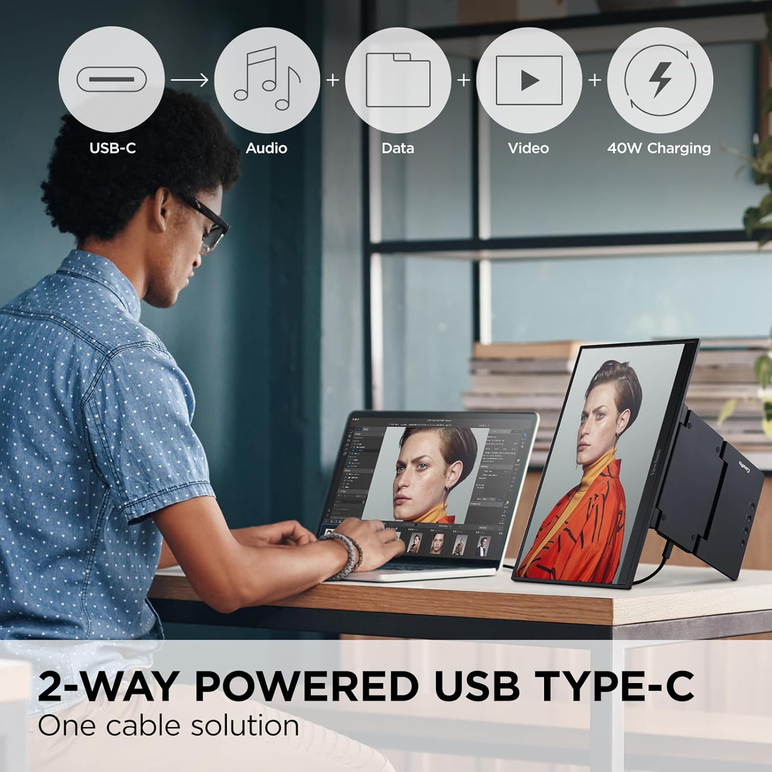 ViewSonic 15.6" 1080p IPS Portable Monitor with 2 Way Powered 40W USB C, 75 Hz, Black - Certified Refurbished