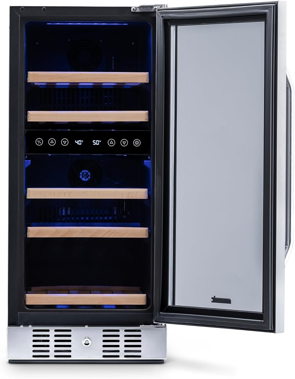 Newair 15" Dual Zone Wine Fridge with Beech Wood Shelves, 29 Bottles, Stainless Steel - Certified Refurbished