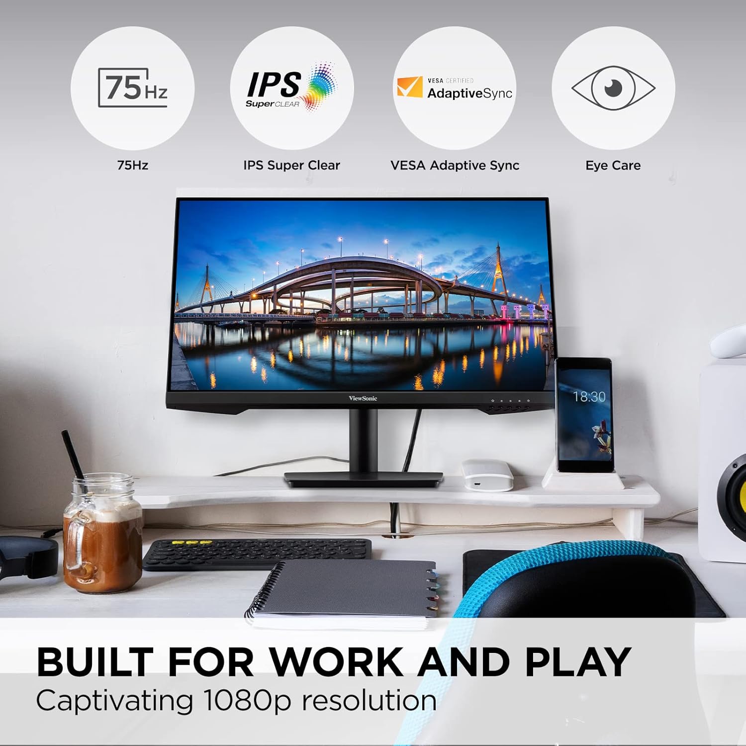 ViewSonic 24 Inch Monitor 1080p IPS Panel with Adaptive Sync, Thin Bezels, HDMI, VGA, and Eye Care - Certified Refurbished