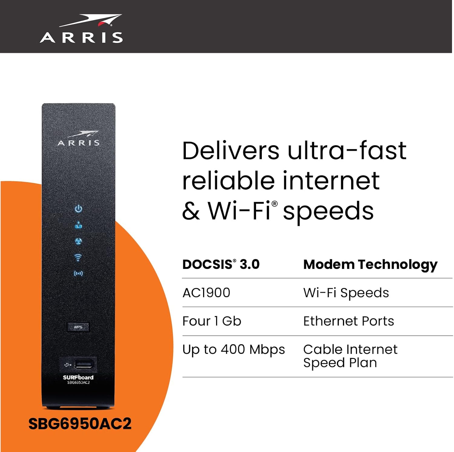 Arris SBG7400AC2 SURFboard DOCSIS 3.0 Cable Modem & AC2350 Wi-Fi Router 800 Mbps Max Speed - Certified Refurbished