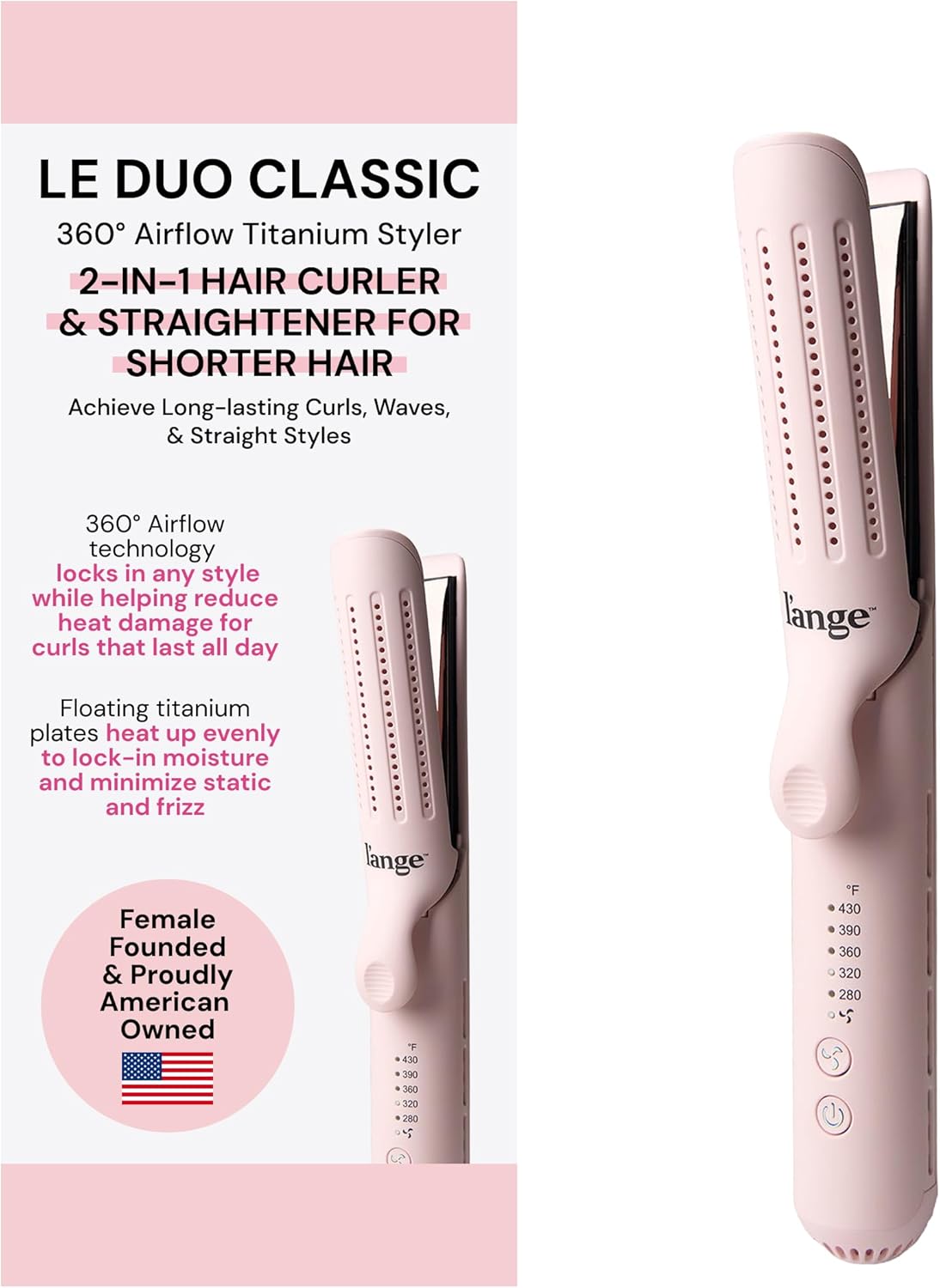 L'ange Hair Le Duo Standard 360° Airflow Styler, 2-in-1 Curling Wand & Flat Iron, Cooling Vents, Adjustable Temp & Dual Voltage, Blush