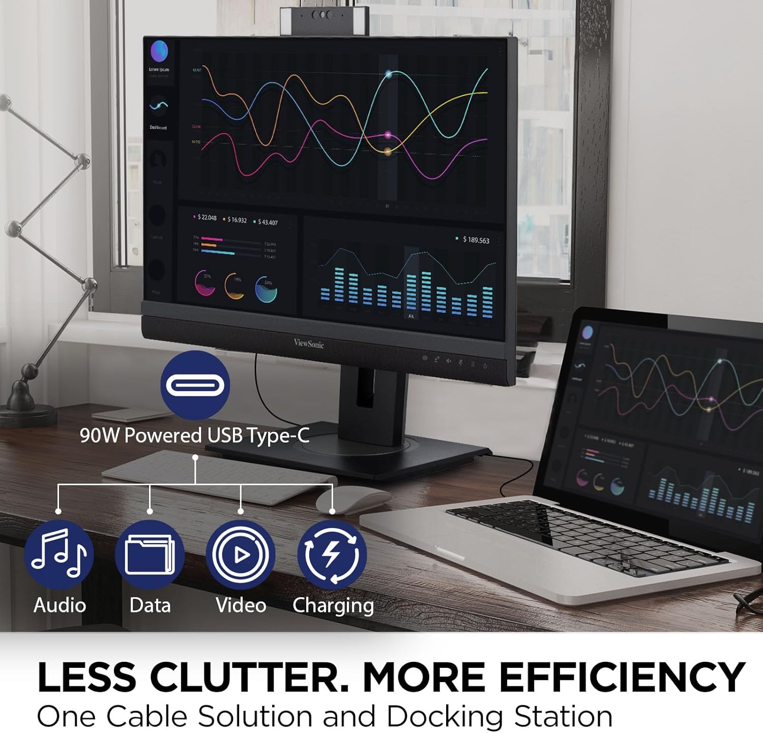 ViewSonic 24" 1080p Video Conferencing Docking Monitor with Webcam, 100 Hz, Black - Certified Refurbished