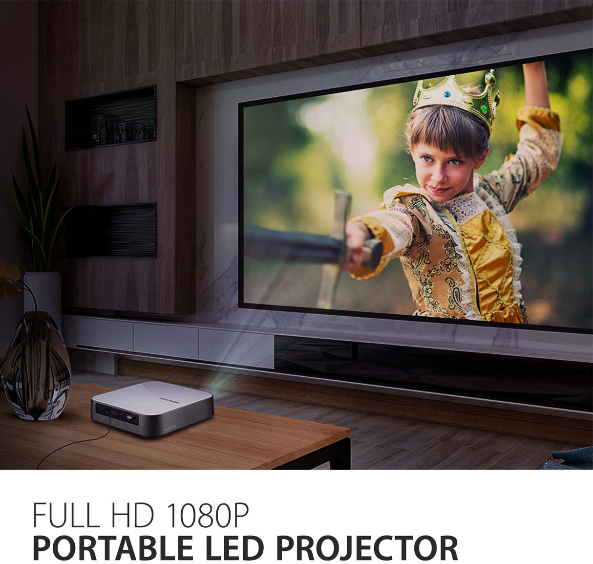 ViewSonic 1080 Portable Projector with 1000 LED Lumens, Auto Focus, Harman Kardon Bluetooth Speakers, HDMI, 16GB Storage, Stream Netflix with Dongle - Certified Refurbished