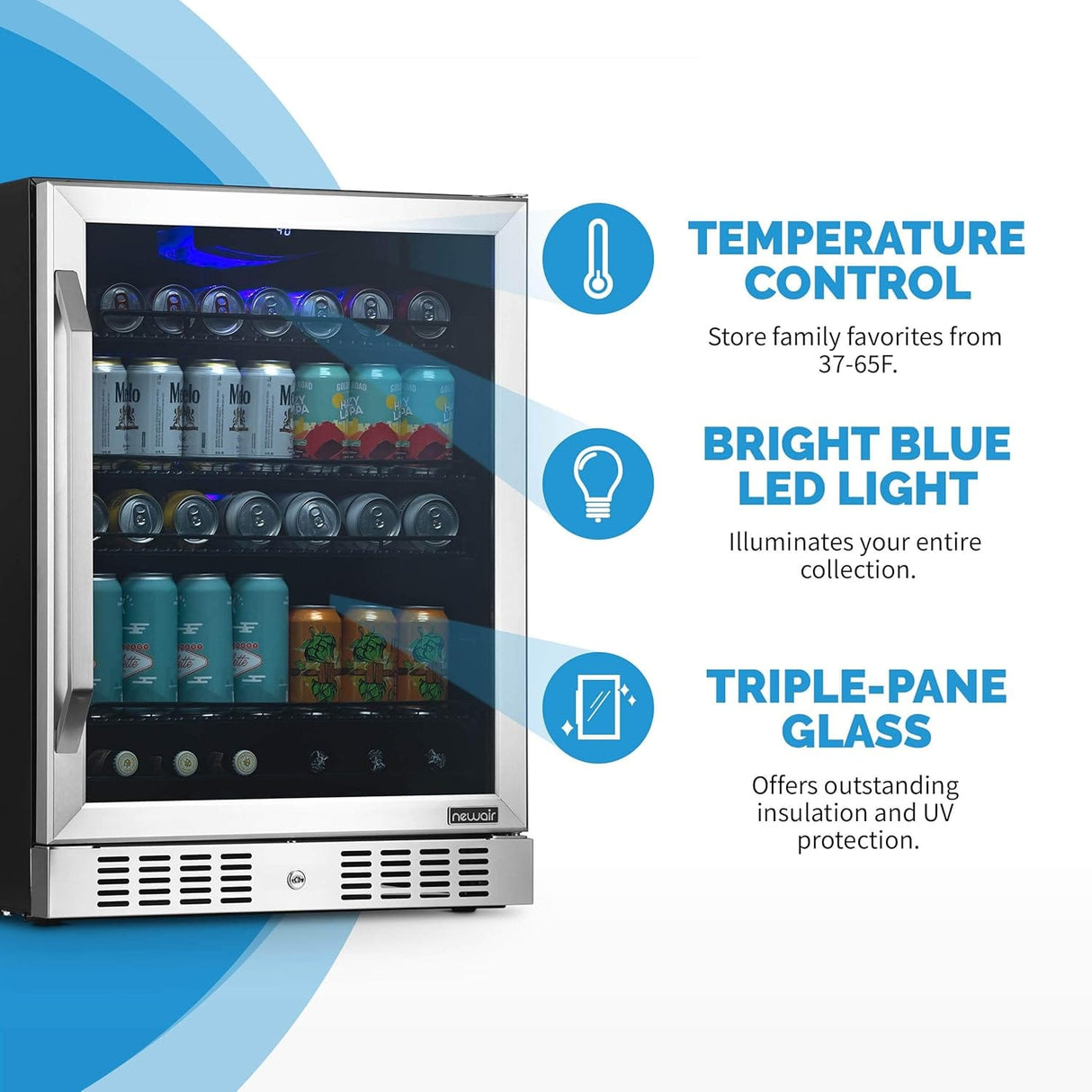 Newair 24" Built-in Beverage Fridge with Triple-Pane Glass, 177 Cans, Stainless Steel - Certified Refurbished