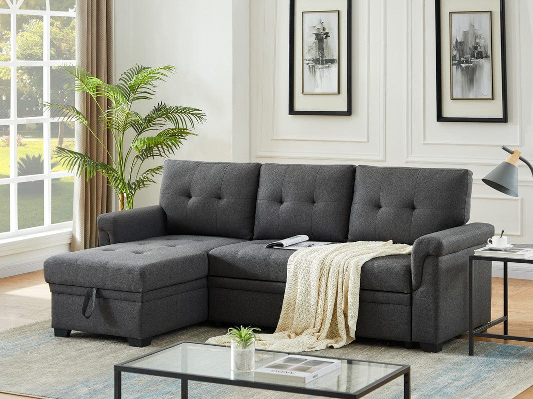 Willow & Hearth Lucca 84"W Dark Gray Linen Reversible Sleeper Sectional Sofa with Storage Chaise