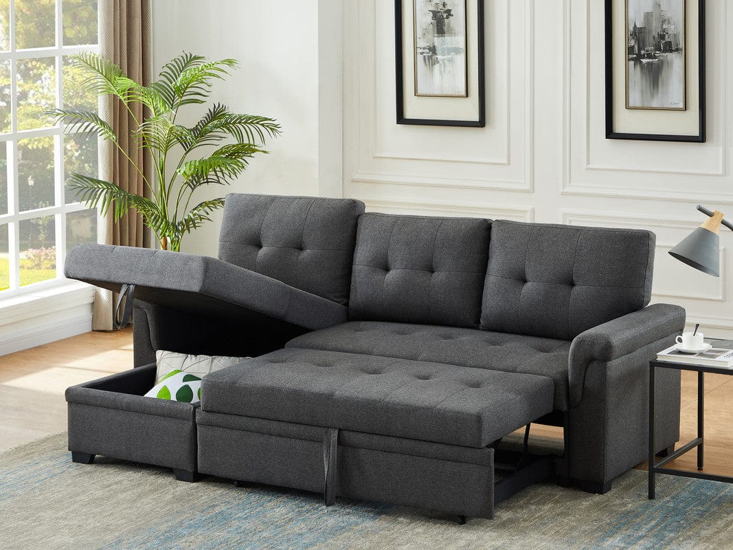 Willow & Hearth Lucca 84"W Dark Gray Linen Reversible Sleeper Sectional Sofa with Storage Chaise