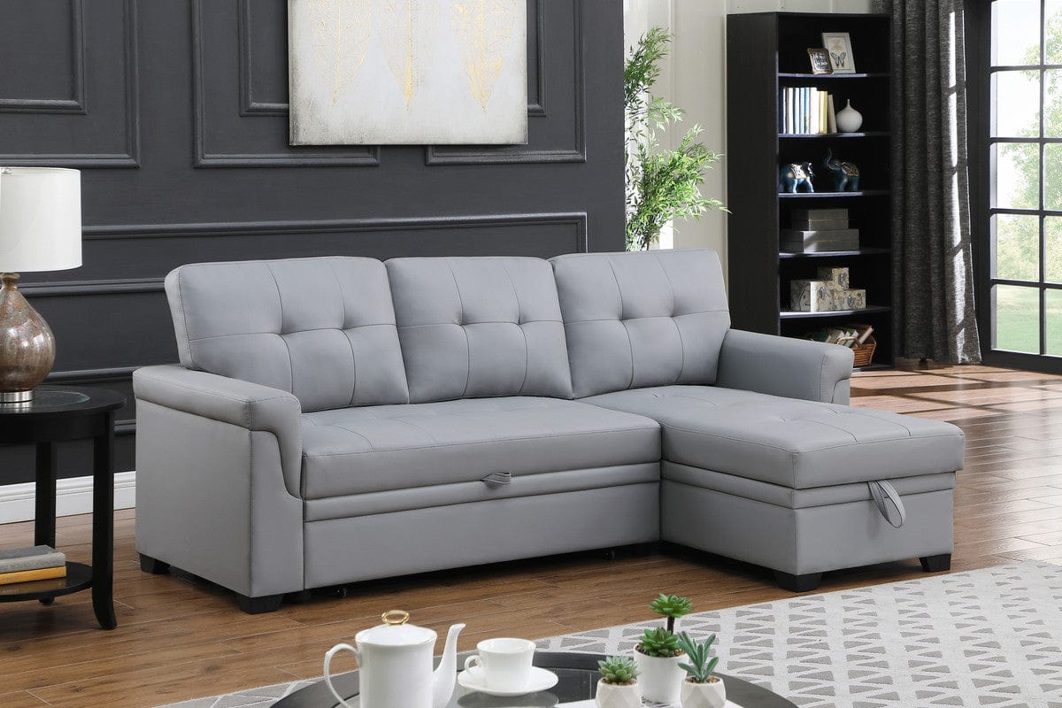Willow & Hearth Lucca 83.5"W Gray Vegan Leather Modern Reversible Sleeper Sectional Sofa with Storage Chaise