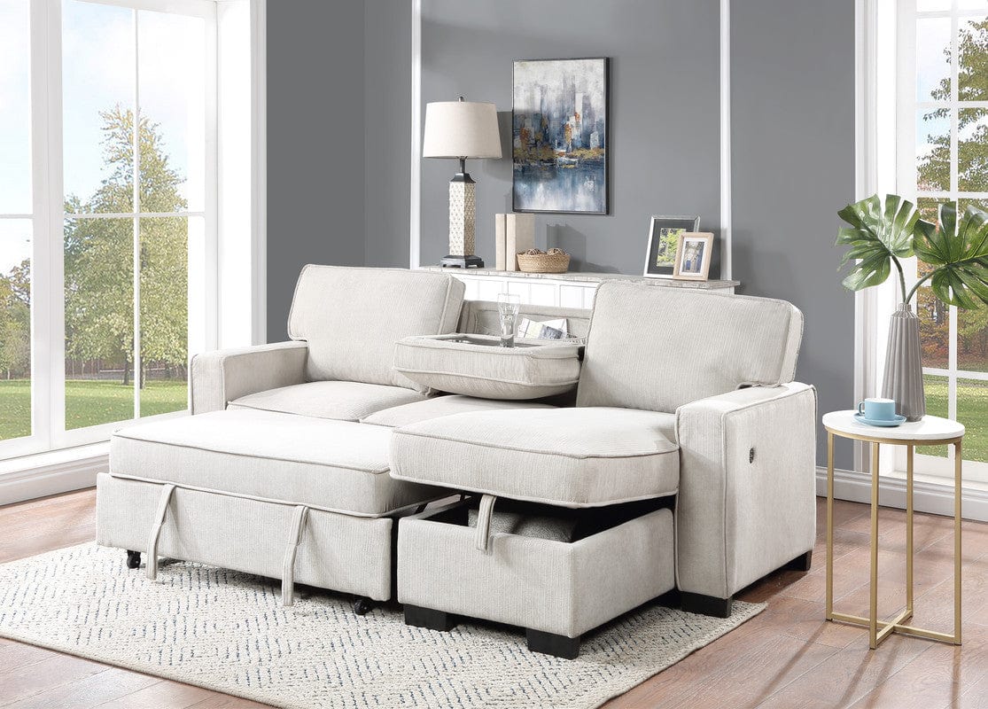 Willow & Hearth Estelle 86.5"W Beige Fabric Reversible Sleeper Sectional with Storage Chaise Drop-Down Table 2 Cup Holders and 2USB Ports
