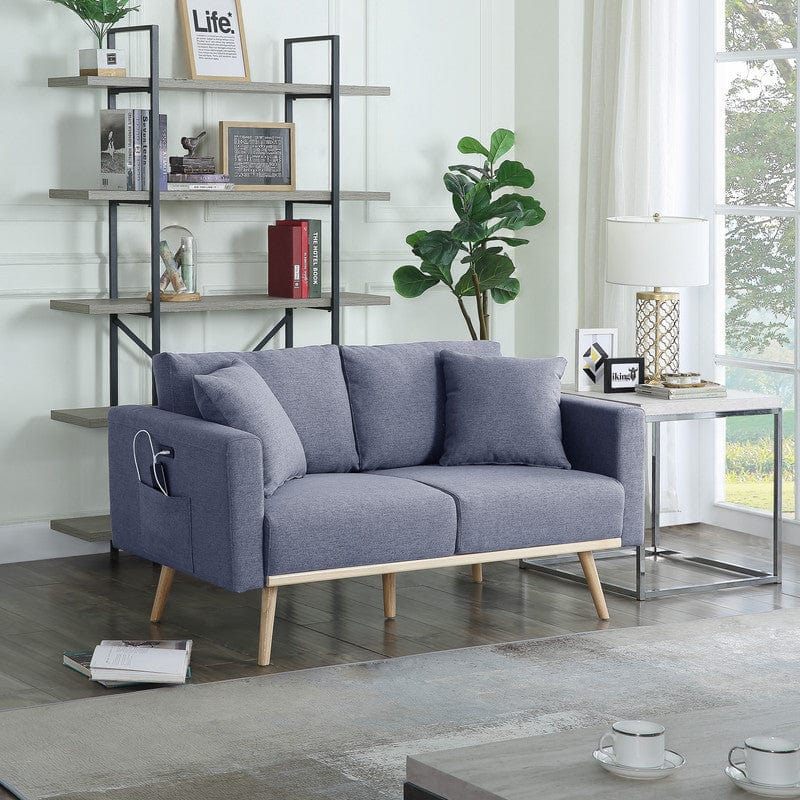 Willow & Hearth Easton 56.5"W Dark Gray Linen Fabric Loveseat with USB Charging Ports Pockets & Pillows