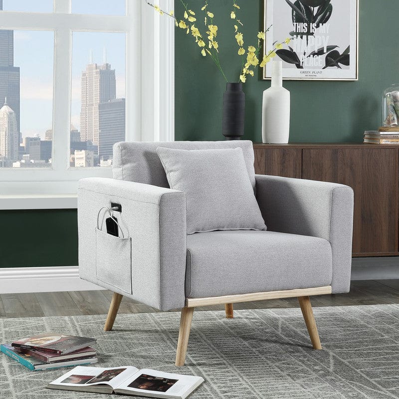 Willow & Hearth Easton 32.5"W Light Gray Linen Fabric Chair with USB Charging Ports Pockets & Pillows
