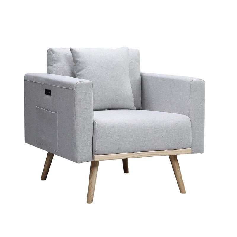 Willow & Hearth Easton 32.5"W Light Gray Linen Fabric Chair with USB Charging Ports Pockets & Pillows