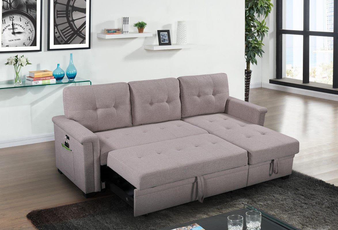 Willow & Hearth Ashlyn 84"W Light Gray Reversible Sleeper Sectional Sofa with Storage Chaise, USB Charging Ports and Pocket
