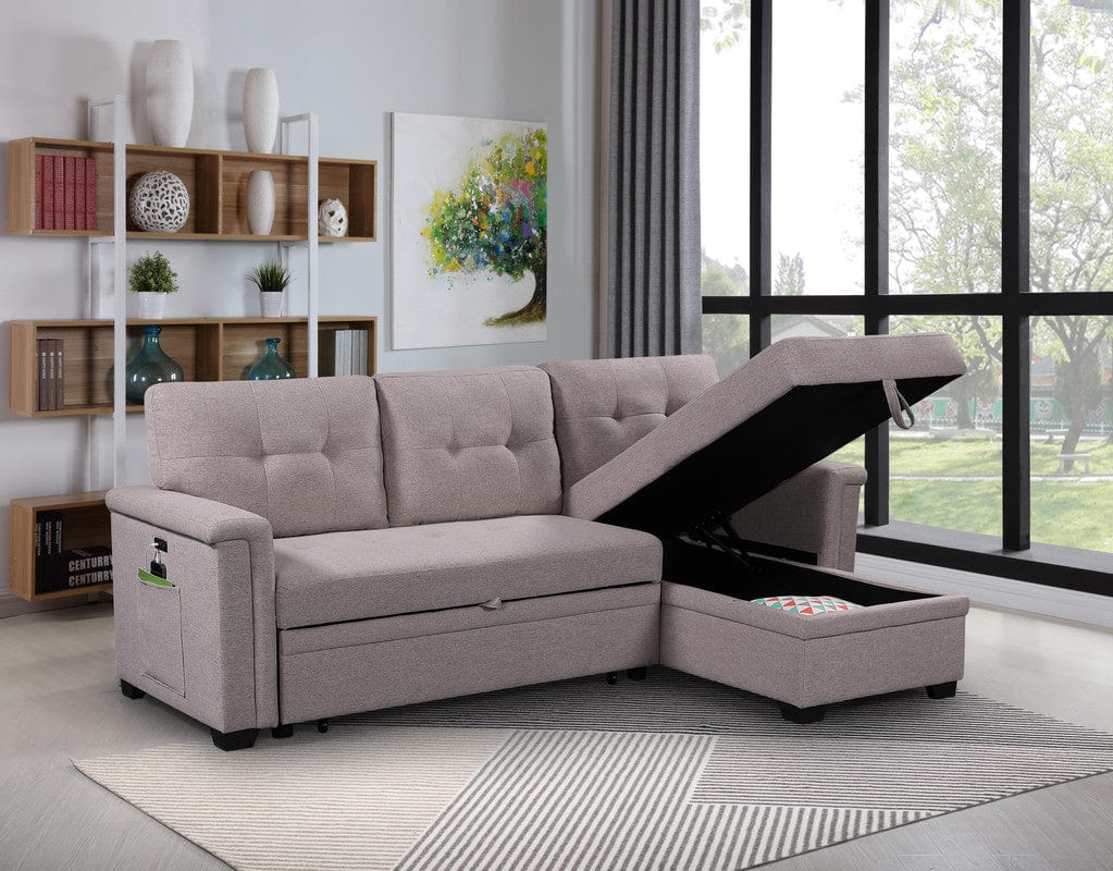 Willow & Hearth Ashlyn 84"W Light Gray Reversible Sleeper Sectional Sofa with Storage Chaise, USB Charging Ports and Pocket