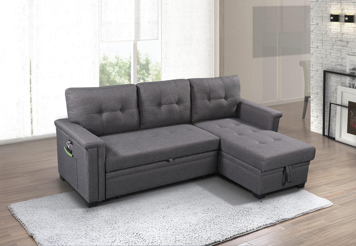 Willow & Hearth Ashlyn 84"W Dark Gray Reversible Sleeper Sectional Sofa with Storage Chaise, USB Charging Ports and Pocket