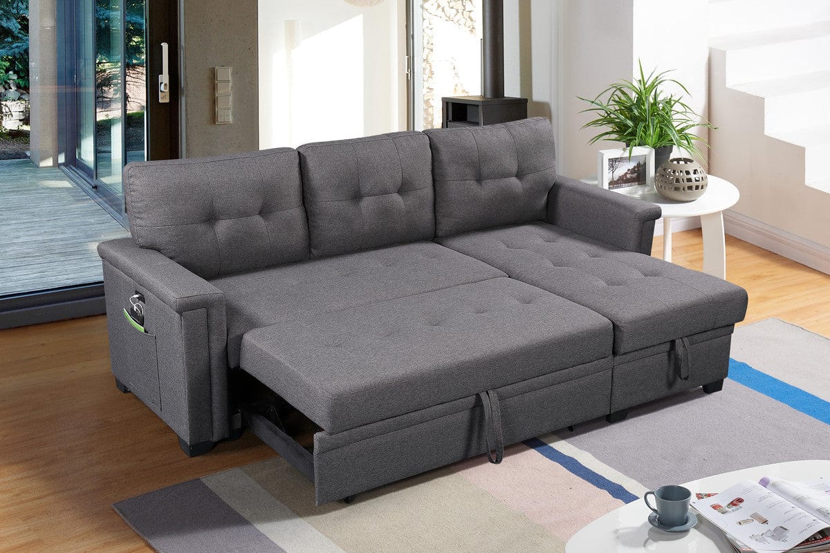 Willow & Hearth Ashlyn 84"W Dark Gray Reversible Sleeper Sectional Sofa with Storage Chaise, USB Charging Ports and Pocket